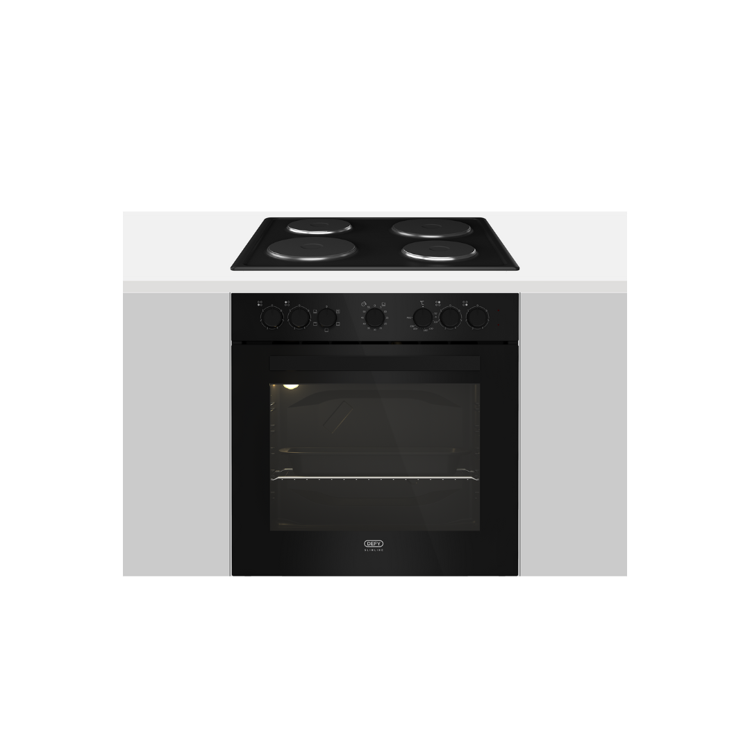 DCB822E: Defy Slimline Bundle - 60cm Glass Undercounter Oven Black + 60cm 4 Solid Plates Hob Black